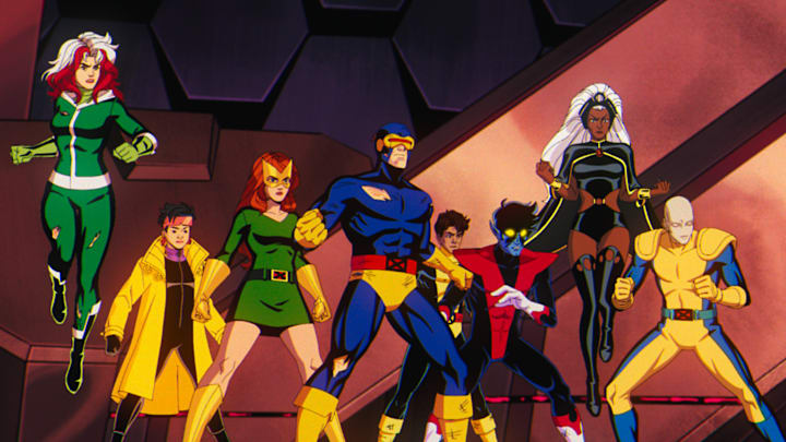 (L-R): Rogue (voiced by Lenore Zann), Jubilee (voiced by Holly Chou), Jean Grey (voiced by Jennifer Hale), Cyclops (voiced by Ray Chase), Roberto Da Costa (voiced by Gui Agustini), Nightcrawler (voiced by Adrian Hough), Storm (voiced by Alison Sealy-Smith), and Morph (voiced by JP Karliak) in Marvel Animation's X-MEN '97. 