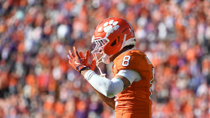 Clemson Tigers cornerback Avieon Terrell (8) reacts to a pass interference call Saturday, Nov. 1, 2025, during the NCAA football game against the Duke Blue Devils at Memorial Stadium in Clemson, South Carolina. Clemson Tigers cornerback Avieon Terrell (8) reacts to a pass interference call Saturday, Nov. 1, 2025, during the NCAA football game against the Duke Blue Devils at Memorial Stadium in Clemson, South Carolina.