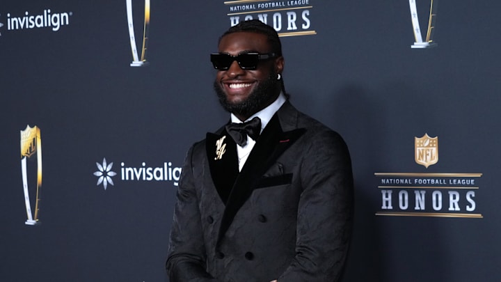 Feb 5, 2026; San Francisco, CA, USA; Will Anderson Jr. on the NFL Honors Red Carpet before Super Bowl LX at Palace of Fine Arts. Mandatory Credit: Kirby Lee-Imagn Images