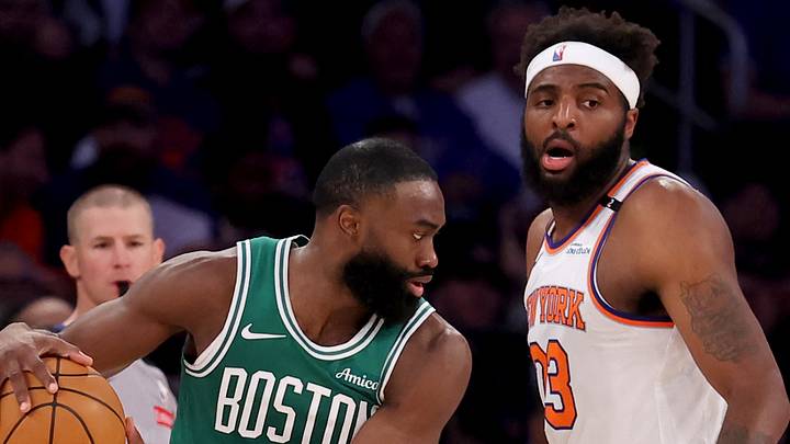 May 16, 2025; New York, New York, USA; Boston Celtics guard Jaylen Brown (7) controls the ball against New York Knicks center Mitchell Robinson (23) during the second quarter of game six in the second round of the 2025 NBA Playoffs at Madison Square Garden. Mandatory Credit: Brad Penner-Imagn Images May 16, 2025; New York, New York, USA; Boston Celtics guard Jaylen Brown (7) controls the ball against New York Knicks center Mitchell Robinson (23) during the second quarter of game six in the second round of the 2025 NBA Playoffs at Madison Square Garden. Mandatory Credit: Brad Penner-Imagn Images