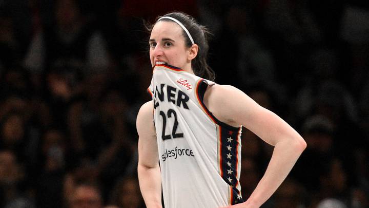 Brooklyn, New York, USA;  Indiana Fever guard Caitlin Clark (22) reacts during the second half against the New York Liberty at Barclays Center on August 22, 2026.