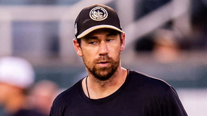 Aug 20, 2024; New Orleans, LA, USA;  New Orleans Saints offensive coordinator Klint Kubiak during practice at Yulman Stadium (Tulane). Mandatory Credit: Stephen Lew-Imagn Images