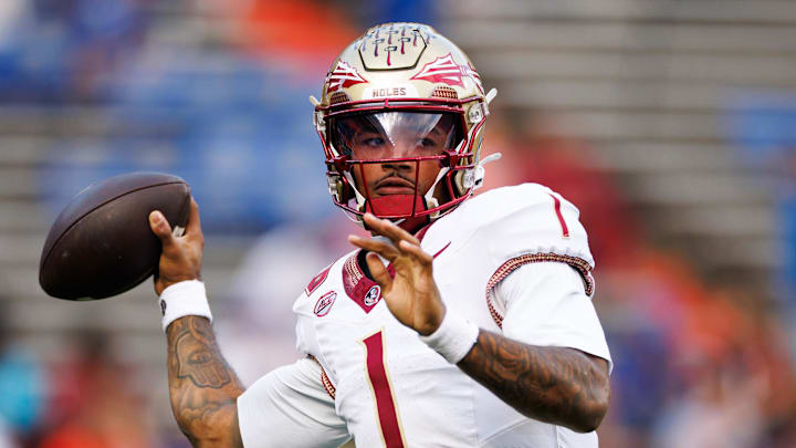 Nov 29, 2025; Gainesville, Florida, USA; Florida State Seminoles quarterback Tommy Castellanos (1) throws the ball before a game against the Florida Gators at Ben Hill Griffin Stadium. Mandatory Credit: Matt Pendleton-Imagn Images