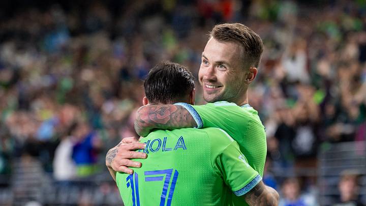 Sep 23, 2026; Seattle, Washington, USA;  Seattle Sounders midfielder Albert Rusnak (11) celebrates with forward Paul Arriola (17) after scoring a goal against Real Salt Lake during the second half at Lumen Field. Mandatory Credit: Stephen Brashear-Imagn Images