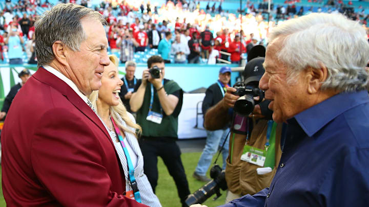 Feb 2, 2020; Miami Gardens, Florida, USA; New England Patriots head coach Bill Belichick (left)
