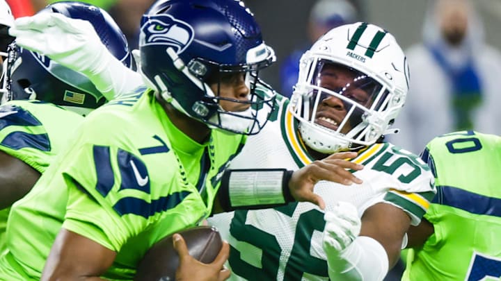 Green Bay Packers linebacker Edgerrin Cooper (56) sacks Seattle Seahawks quarterback Geno Smith last season.