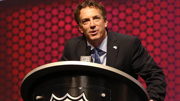 Jun 27, 2014; Philadelphia, PA, USA; Colorado Avalanche general manager Joe Sakic announces Conner Bleackley (not pictured) as the number twenty-three overall pick to the Colorado Avalanche in the first round of the 2014 NHL Draft at Wells Fargo Center. Mandatory Credit: Bill Streicher-Imagn Images Jun 27, 2014; Philadelphia, PA, USA; Colorado Avalanche general manager Joe Sakic announces Conner Bleackley (not pictured) as the number twenty-three overall pick to the Colorado Avalanche in the first round of the 2014 NHL Draft at Wells Fargo Center. Mandatory Credit: Bill Streicher-Imagn Images