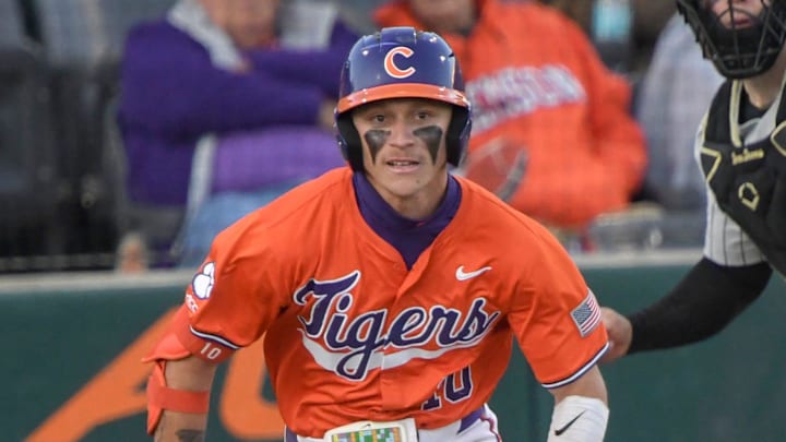 Clemson outfielder Cam Cannarella (10) bats against Wake Forest University during the bottom of the fifth inning at Doug Kingsmore Stadium in Clemson, S.C. Friday, March 21, 2025.