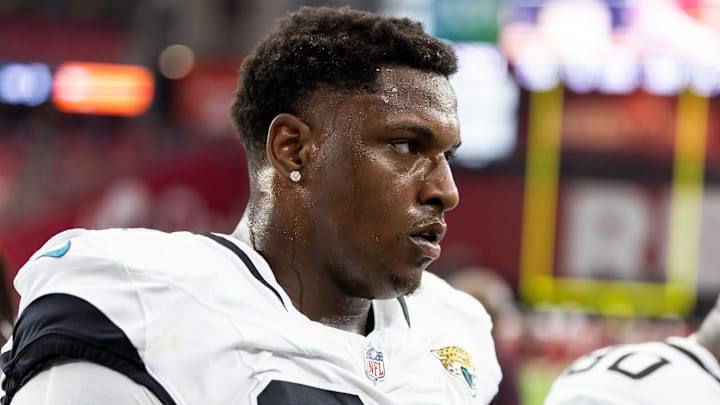 Nov 23, 2025; Glendale, Arizona, USA; Jacksonville Jaguars defensive tackle Maason Smith (94) against the Arizona Cardinals at State Farm Stadium. Mandatory Credit: Mark J. Rebilas-Imagn Images