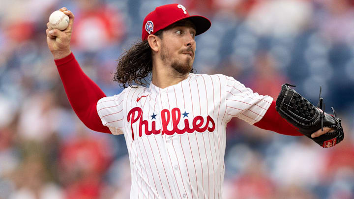 Sep 11, 2023; Philadelphia, Pennsylvania, USA; Philadelphia Phillies starting pitcher Michael Lorenzen (22) throws a pitch during the first inning against the Atlanta Braves at Citizens Bank Park