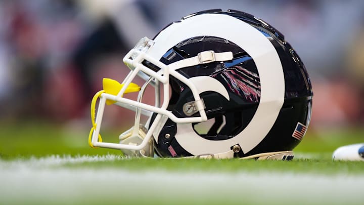 Dec 1, 2019; Glendale, AZ, USA; Detailed view of an Los Angeles Rams helmet against the Arizona Cardinals at State Farm Stadium. Mandatory Credit: Mark J. Rebilas-Imagn Images