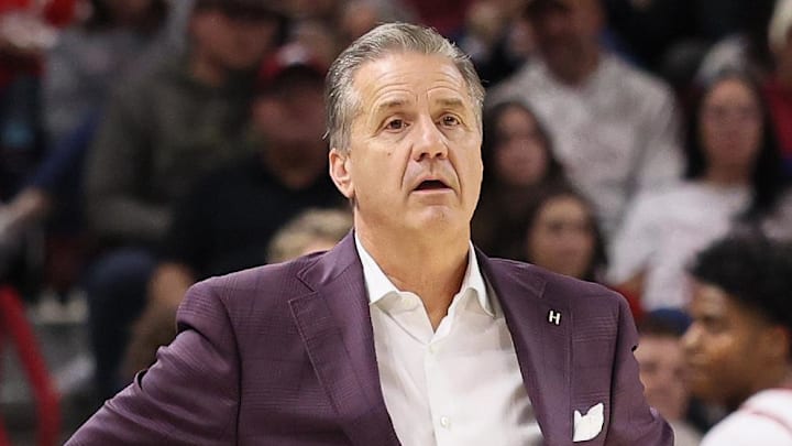 Arkansas Razorbacks coach John Calipari during the first half against the James Madison Dukes at Bud Walton Arena in Fayetteville, Ark.
