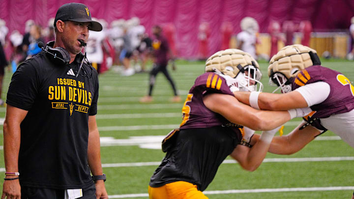 Arizona State tight end coach Jason Mohns watches his tight ends during a practice at the Verde Dickey Dome in Tempe on Aug. 19, 2025. Arizona State tight end coach Jason Mohns watches his tight ends during a practice at the Verde Dickey Dome in Tempe on Aug. 19, 2025.