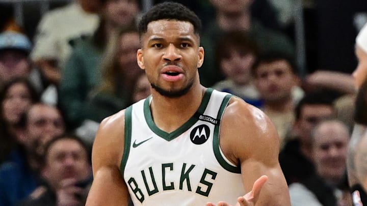 Mar 13, 2025; Milwaukee, Wisconsin, USA; Milwaukee Bucks forward Giannis Antetokounmpo (34) reacts in the third quarter against the Los Angeles Lakers at Fiserv Forum. Mandatory Credit: Benny Sieu-Imagn Images