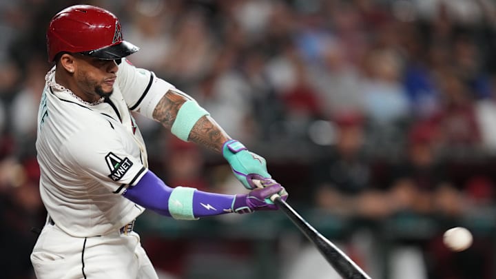 Arizona Diamondbacks Ketel Marte (4) hits a double against the Los Angeles Dodgers at Chase Field in Phoenix, on Sept. 24, 2025. Arizona Diamondbacks Ketel Marte (4) hits a double against the Los Angeles Dodgers at Chase Field in Phoenix, on Sept. 24, 2025.