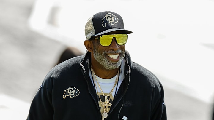 Colorado Buffaloes head coach Deion Sanders during the spring game at Folsom Field. Colorado Buffaloes head coach Deion Sanders during the spring game at Folsom Field.