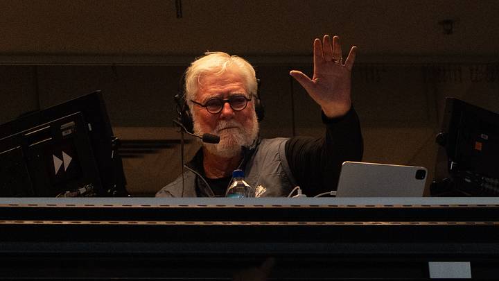 San Francisco, California, USA; San Francisco Giants announcer Mike Krukow waves at fans during the sixth inning against the Arizona Diamondbacks at Oracle Park. Mandatory Credit: Stan Szeto-Imagn Images San Francisco, California, USA; San Francisco Giants announcer Mike Krukow waves at fans during the sixth inning against the Arizona Diamondbacks at Oracle Park. Mandatory Credit: Stan Szeto-Imagn Images