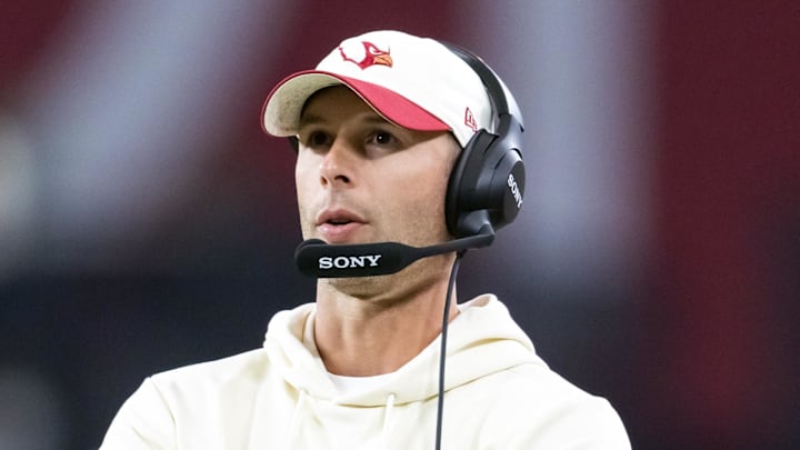 Sep 25, 2025; Glendale, Arizona, USA; Arizona Cardinals head coach Jonathan Gannon against the Seattle Seahawks at State Farm Stadium. Mandatory Credit: Mark J. Rebilas-Imagn Images