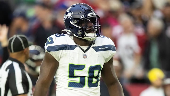 Dec 8, 2024; Glendale, Arizona, USA; Seattle Seahawks linebacker Derick Hall (58) against the Arizona Cardinals at State Farm Stadium.