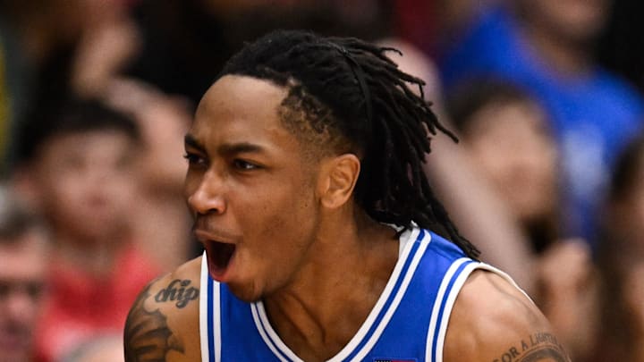 Jan 17, 2026; Stanford, California, USA; Duke Blue Devils guard Isaiah Evans (3) celebrates his basket against the Stanford Cardinal in the first half at Maples Pavilion. Mandatory Credit: Eakin Howard-Imagn Images