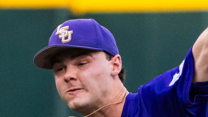 LSU Tigers starting pitcher Kade Anderson (32) pitches against the Arkansas Razorbacks during the seventh inning at Charles Schwab Field on June 14. LSU Tigers starting pitcher Kade Anderson (32) pitches against the Arkansas Razorbacks during the seventh inning at Charles Schwab Field on June 14.