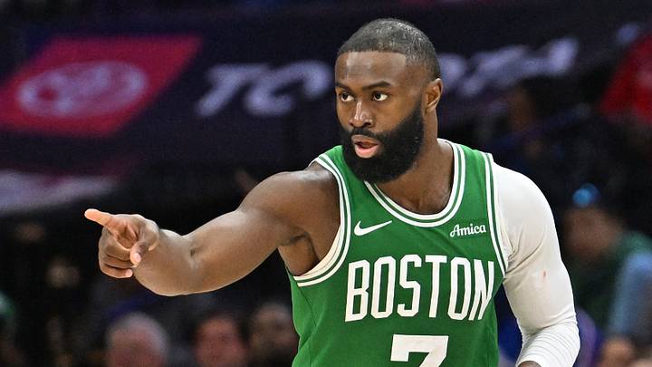 Apr 26, 2026; Philadelphia, Pennsylvania, USA; Boston Celtics guard Jaylen Brown (7) reacts after making a three point basket against the Philadelphia 76ers during the second half at Xfinity Mobile Arena. Mandatory Credit: Eric Hartline-Imagn Images