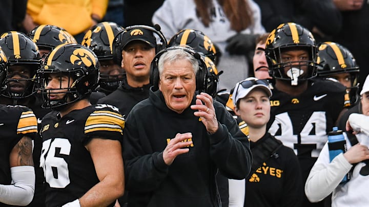 Nov 22, 2025; Iowa City, Iowa, USA; Iowa Hawkeyes head coach Kirk Ferentz reacts during the second quarter against the Michigan State Spartans at Kinnick Stadium. Mandatory Credit: Jeffrey Becker-Imagn Images Nov 22, 2025; Iowa City, Iowa, USA; Iowa Hawkeyes head coach Kirk Ferentz reacts during the second quarter against the Michigan State Spartans at Kinnick Stadium. Mandatory Credit: Jeffrey Becker-Imagn Images