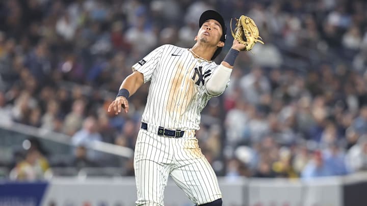 May 6, 2025; Bronx, New York, USA; New York Yankees third baseman Oswaldo Cabrera (95) makes a running catch in the fifth inning against the San Diego Padres at Yankee Stadium. Mandatory Credit: Wendell Cruz-Imagn Images May 6, 2025; Bronx, New York, USA; New York Yankees third baseman Oswaldo Cabrera (95) makes a running catch in the fifth inning against the San Diego Padres at Yankee Stadium. Mandatory Credit: Wendell Cruz-Imagn Images