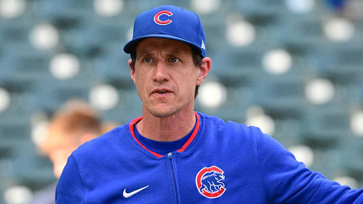 Jul 28, 2025; Milwaukee, Wisconsin, USA;  Chicago Cubs manager Craig Counsell looks on during batting practice before game against the Milwaukee Brewers at American Family Field. 