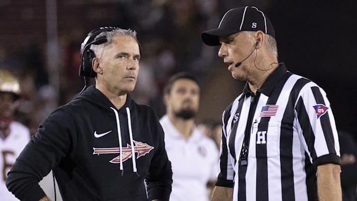 Oct 18, 2025; Stanford, California, USA;  Florida State Seminoles head coach Mike Norvell reacts to the conversation with the referee during the fourth quarter against the Stanford Cardinal at Stanford Stadium. Mandatory Credit: Stan Szeto-Imagn Images