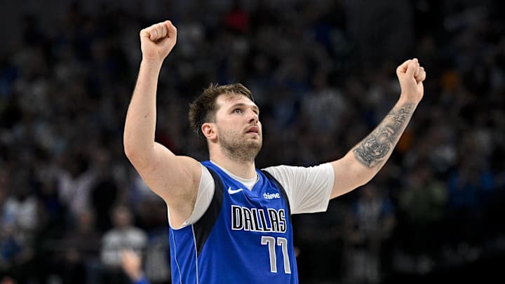 Apr 4, 2024; Dallas, Texas, USA; Dallas Mavericks guard Luka Doncic (77) celebrates during the second half against the Atlanta Hawks at the American Airlines Center. Mandatory Credit: Jerome Miron-Imagn Images