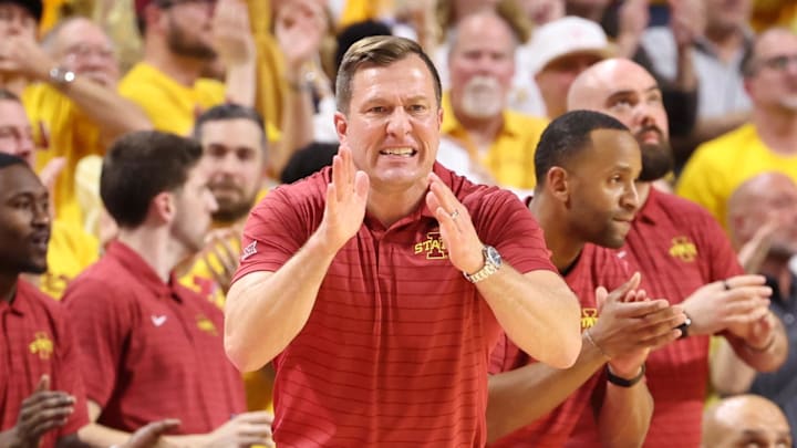 Feb 16, 2026; Ames, Iowa, USA;  Iowa State Cyclones head coach T.J. Otzelberger watches his team play the Houston Cougars during the second half at James H. Hilton Coliseum. 