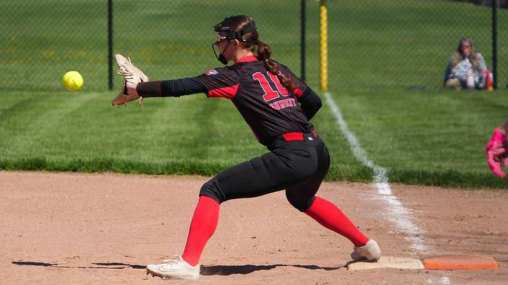 Muskego's Ava Gumieny (10) gets the out at first base versus Menomonee Falls in a non-conference game on April 25, 2026