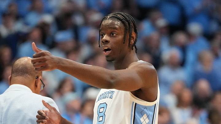 Feb 7, 2026; Chapel Hill, North Carolina, USA;  North Carolina Tar Heels forward Caleb Wilson (8) reacts in the first half at Dean E. Smith Center. Mandatory Credit: Bob Donnan-Imagn Images