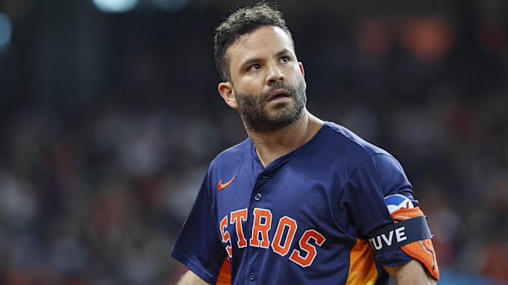 Sep 22, 2024; Houston, Texas, USA; Houston Astros second baseman Jose Altuve (27) looks up after a play during the seventh inning against the Los Angeles Angels at Minute Maid Park