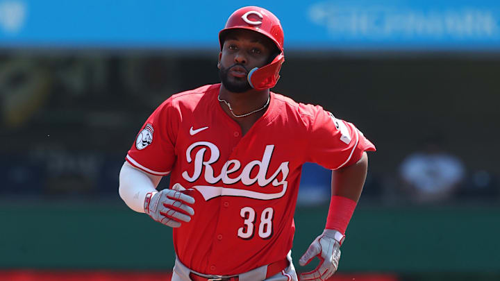Aug 10, 2025; Pittsburgh, Pennsylvania, USA;  Cincinnati Reds designated hitter Miguel Andujar (38) circles the bases on a three run home run against the Pittsburgh Pirates during the third inning at PNC Park. Mandatory Credit: Charles LeClaire-Imagn Images