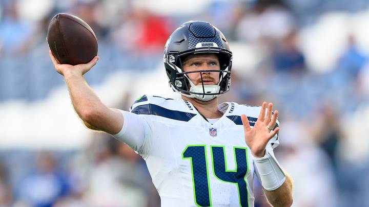 Aug 23, 2026; Nashville, Tennessee, USA;  Seattle Seahawks quarterback Sam Darnold (14) throws a pass during warmup period against the Tennessee Titans at Nissan Stadium. Mandatory Credit: Steve Roberts-Imagn Images