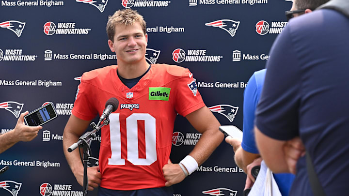 Aug 6, 2025; Foxborough, MA, USA; New England Patriots quarterback Drake Maye (10) speaks to the media after training camp at Gillette Stadium. Mandatory Credit: Eric Canha-Imagn Images