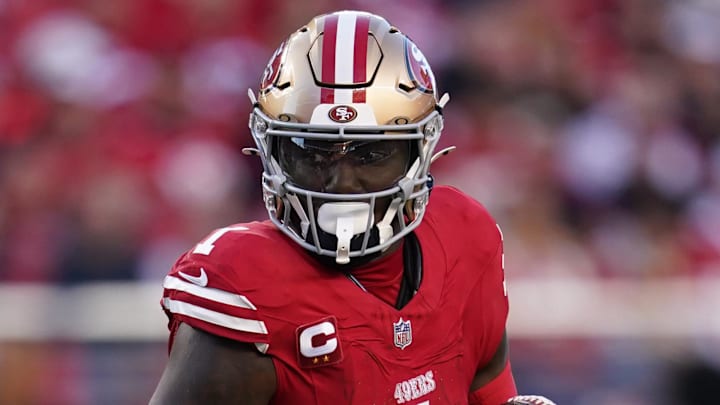 Dec 8, 2024; Santa Clara, California, USA; San Francisco 49ers wide receiver Deebo Samuel Sr. (1) runs the ball against the Chicago Bears in the fourth quarter at Levi's Stadium. Mandatory Credit: Cary Edmondson-Imagn Images
