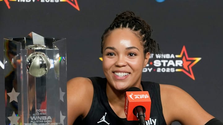 Napheesa Collier answers questions Saturday, July 19, 2025, at a press conference after the WNBA All-Star Game at Gainbridge Fieldhouse in Indianapolis.