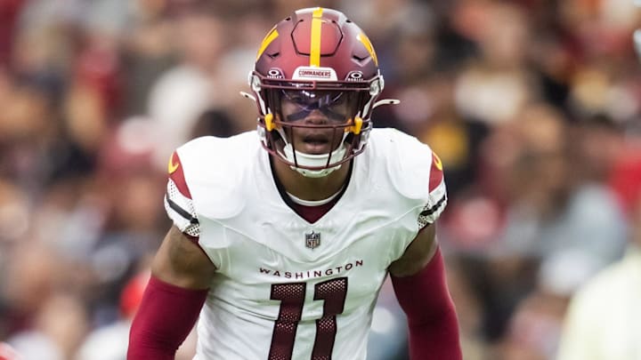 Sep 29, 2024; Glendale, Arizona, USA; Washington Commanders safety Jeremy Chinn (11) against the Arizona Cardinals at State Farm Stadium. Mandatory Credit: Mark J. Rebilas-Imagn Images