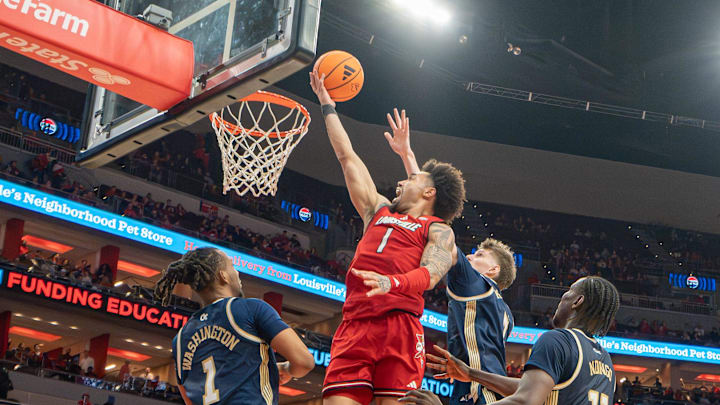 Louisville Cardinals guard J'vonne Hadley (1) converts a layup as the Louisville Cardinals host the Georgia Tech Yellow Jackets in an NCAA basketball game at the KFC Yum! Center, Saturday, Feb. 21, 2026, in Louisville. Louisville Cardinals guard J'vonne Hadley (1) converts a layup as the Louisville Cardinals host the Georgia Tech Yellow Jackets in an NCAA basketball game at the KFC Yum! Center, Saturday, Feb. 21, 2026, in Louisville.