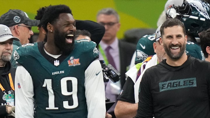 Feb 9, 2025; New Orleans, LA, USA; Philadelphia Eagles head coach Nick Sirianni reacts with linebacker Josh Sweat (19) during the fourth quarter against the Kansas City Chiefs in Super Bowl LIX at Caesars Superdome. Mandatory Credit: Kirby Lee-Imagn Images