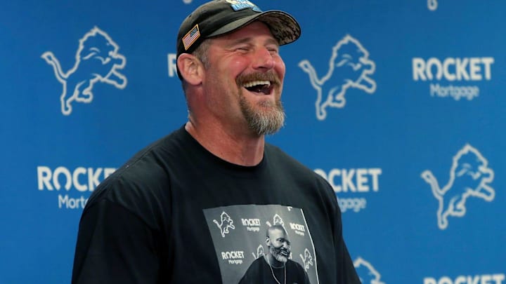 Detroit Lions head coach Dan Campbell talks with reporters about the third day of OTAs on Thursday, May 25, 2023. Near the end of the press conference, Campbell had fun taking a few questions about his t-shirt with GM Brad Holmes on the front.