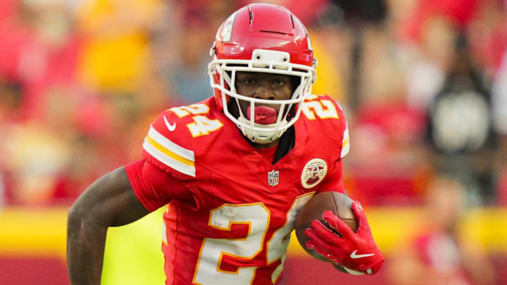 Sep 28, 2025; Kansas City, Missouri, USA; Kansas City Chiefs running back Brashard Smith (24) runs the ball during the second half against the Baltimore Ravens at GEHA Field at Arrowhead Stadium. Sep 28, 2025; Kansas City, Missouri, USA; Kansas City Chiefs running back Brashard Smith (24) runs the ball during the second half against the Baltimore Ravens at GEHA Field at Arrowhead Stadium.
