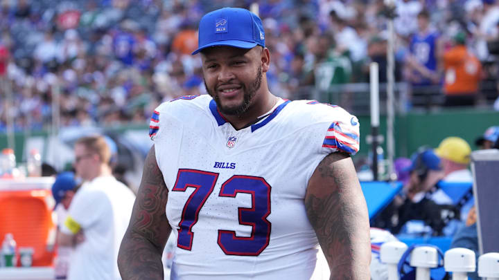Buffalo Bills offensive tackle Dion Dawkins (73) after the game against the New York Jets at MetLife Stadium. 