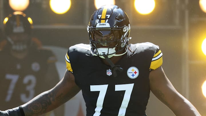 Sep 14, 2025; Pittsburgh, Pennsylvania, USA;  Pittsburgh Steelers offensive tackle Broderick Jones (77) reacts as he takes the field against the Seattle Seahawks at Acrisure Stadium. Mandatory Credit: Charles LeClaire-Imagn Images