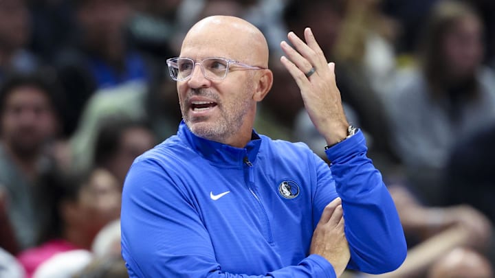 Oct 31, 2024; Dallas, Texas, USA;  Dallas Mavericks hea coach Jason Kidd reacts during the game against the Houston Rockets at American Airlines Center. Mandatory Credit: Kevin Jairaj-Imagn Images