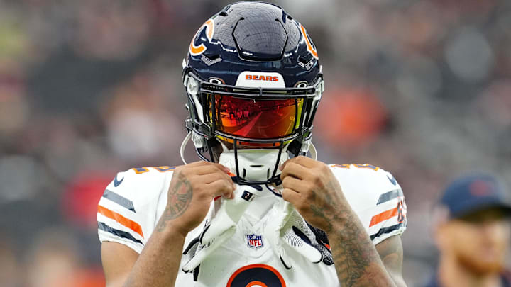 Chicago Bears wide receiver DJ Moore (2) warms up prior to the game against the Las Vegas Raiders at Allegiant Stadium.