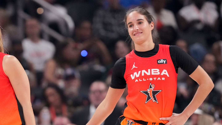 Dallas Wings' Paige Bueckers (5), New York Liberty's Sabrina Ionescu (20) and Washington Mystics' Sonia Citron (22) stand on the court Saturday, July 19, 2025, during the WNBA All-Star Game at Gainbridge Fieldhouse in Indianapolis.o Dallas Wings' Paige Bueckers (5), New York Liberty's Sabrina Ionescu (20) and Washington Mystics' Sonia Citron (22) stand on the court Saturday, July 19, 2025, during the WNBA All-Star Game at Gainbridge Fieldhouse in Indianapolis.o